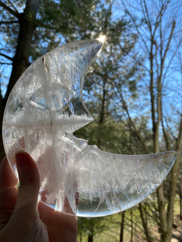 Clear Quartz carved Crescent Moon with custom metal stand