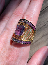 Load image into Gallery viewer, Blue and Purple Fluorite cage ring with Diopside, Iolite, Amethyst, Topaz and Garnet