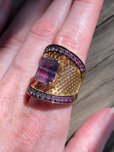 Blue and Purple Fluorite cage ring with Diopside, Iolite, Amethyst, Topaz and Garnet