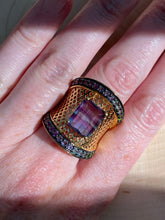 Load image into Gallery viewer, Blue and Purple Fluorite cage ring with Diopside, Iolite, Amethyst, Topaz and Garnet