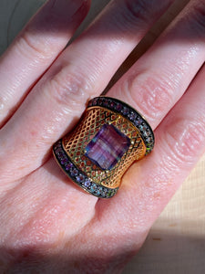 Blue and Purple Fluorite cage ring with Diopside, Iolite, Amethyst, Topaz and Garnet