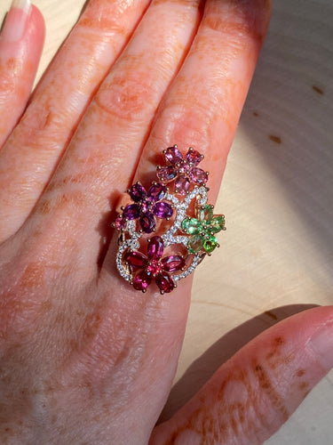 Collectors RARE Pink Spinel, Tsavorite Garnet, Purple Garnet and Pink Tourmaline ring