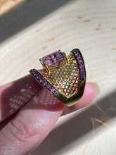 Load image into Gallery viewer, Blue and Purple Fluorite cage ring with Diopside, Iolite, Amethyst, Topaz and Garnet