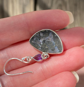 Mystic Merlinite (Indigo Gabbro) and Amethyst earrings