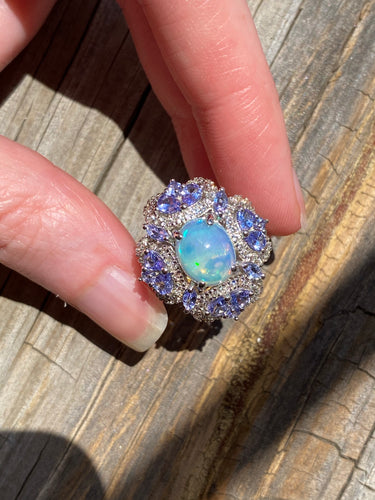 Top Quality Kaleidoscope Ethiopian Opal and AA Tanzanite ring