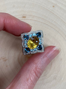 Natural faceted Yellow Apatite rings with Blue Topaz and Blue Zircon