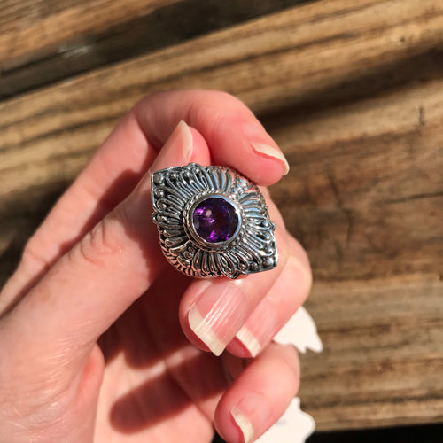 African Amethyst floral design rings