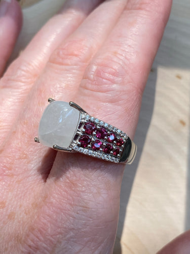 Magical Rainbow Moonstone and Rich Rhodolite Garnet rings