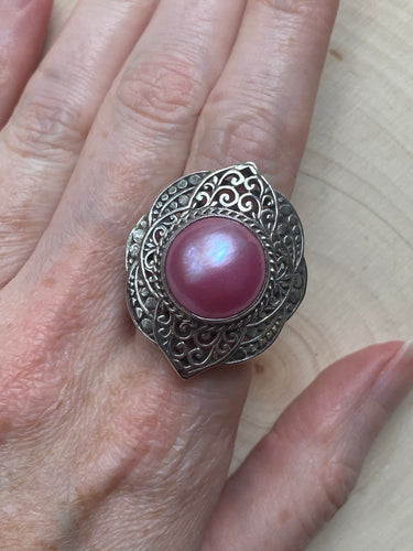 Iridescent Pink Mabe blister Pearl Mandala Flower Statement ring