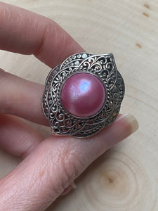 Iridescent Pink Mabe blister Pearl Mandala Flower Statement ring