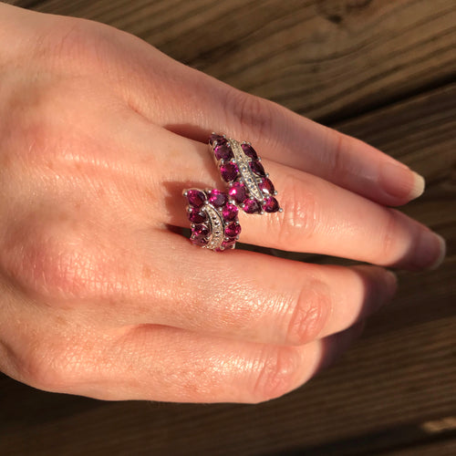 Rhodolite Garnet leaf bypass design ring