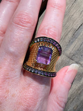 Load image into Gallery viewer, Blue and Purple Fluorite cage ring with Diopside, Iolite, Amethyst, Topaz and Garnet