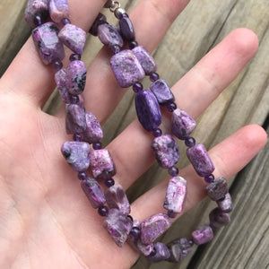 Charoite with Aegirine and Amethyst necklace