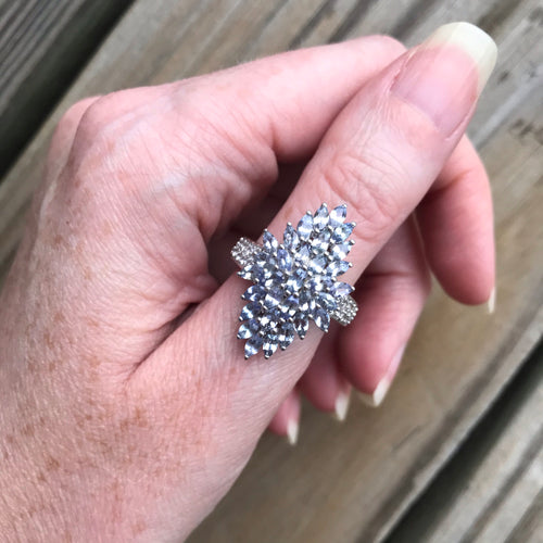 Elongated natural Tanzanite cluster rings