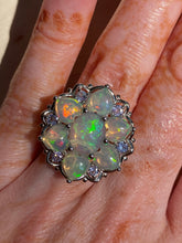 Load image into Gallery viewer, Magical XL Ethiopian Opal Hearts and Tanzanite rounds ring