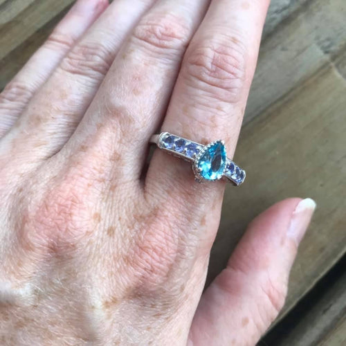 Faceted pear Blue Topaz and Tanzanite ring
