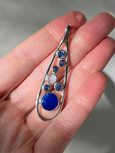 Falling stardust pendant - Lapis Lazuli and Faceted Kyanite & Rainbow Moonstone