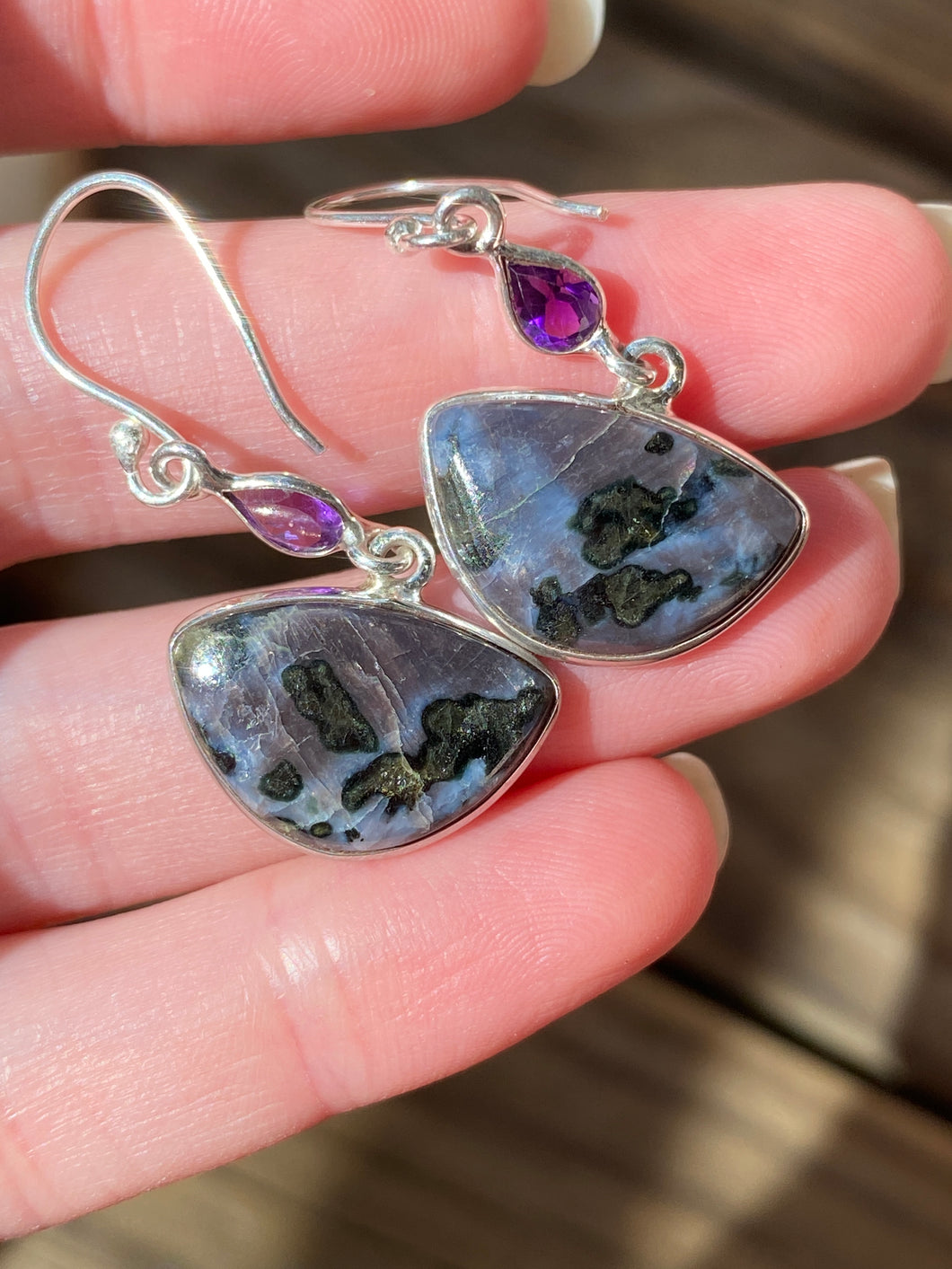 Mystic Merlinite (Indigo Gabbro) and Amethyst earrings