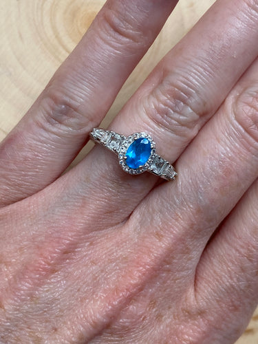 Natural Electric Blue Apatite and White Topaz ring