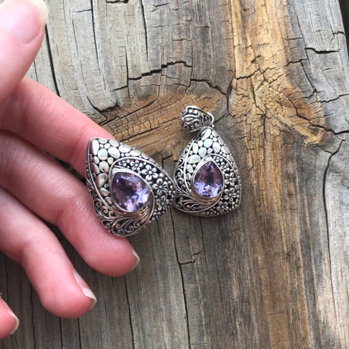 Pear cut ethereal Pink Amethyst ring and pendant set