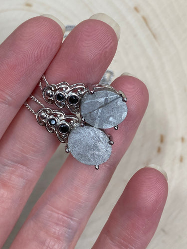 Etched Meteorite slice necklaces with black Spinel