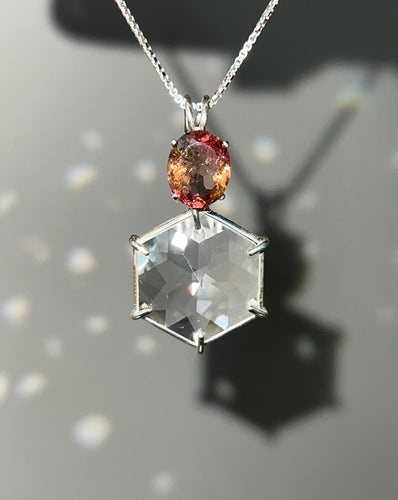 Clear Quartz Flower of Life necklace with stunning Bicolor Tourmaline crown