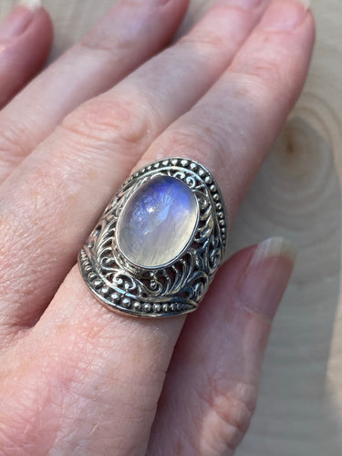 Purple rainbow moonstone cage ring
