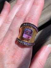 Load image into Gallery viewer, Blue and Purple Fluorite cage ring with Diopside, Iolite, Amethyst, Topaz and Garnet