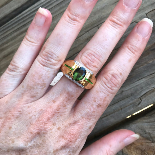 Moldavite, Chrome Diopside and Zircon ring