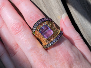 Blue and Purple Fluorite cage ring with Diopside, Iolite, Amethyst, Topaz and Garnet