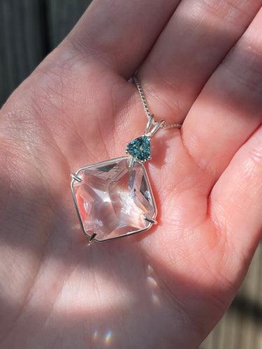 Clear Quartz Magician Stone necklace with RARE gem quality Indicolite Blue Tourmaline