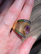 Load image into Gallery viewer, Blue and Purple Fluorite cage ring with Diopside, Iolite, Amethyst, Topaz and Garnet