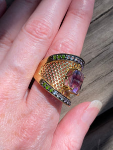 Blue and Purple Fluorite cage ring with Diopside, Iolite, Amethyst, Topaz and Garnet