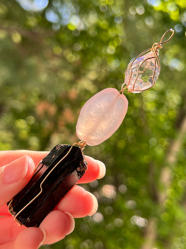 Aegirine, Pink Chalcedony & Herkimer Diamond wire wrapped pendant for Magnified Protection & Confidence