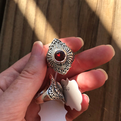 Faceted African Garnet floral design ring