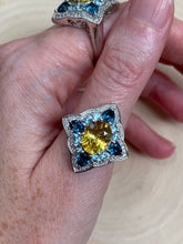 Load image into Gallery viewer, Natural faceted Yellow Apatite rings with Blue Topaz and Blue Zircon