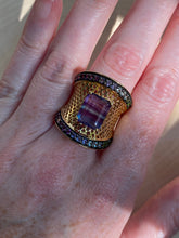 Load image into Gallery viewer, Blue and Purple Fluorite cage ring with Diopside, Iolite, Amethyst, Topaz and Garnet