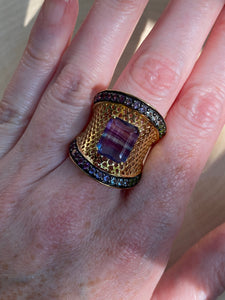 Blue and Purple Fluorite cage ring with Diopside, Iolite, Amethyst, Topaz and Garnet