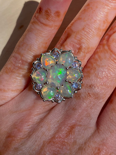 Magical XL Ethiopian Opal Hearts and Tanzanite rounds ring