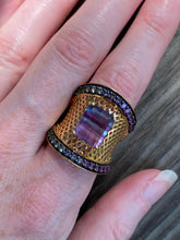 Load image into Gallery viewer, Blue and Purple Fluorite cage ring with Diopside, Iolite, Amethyst, Topaz and Garnet