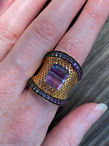 Blue and Purple Fluorite cage ring with Diopside, Iolite, Amethyst, Topaz and Garnet