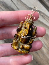 Load image into Gallery viewer, Tiger Eye carved Ganesha wire wrapped pendant